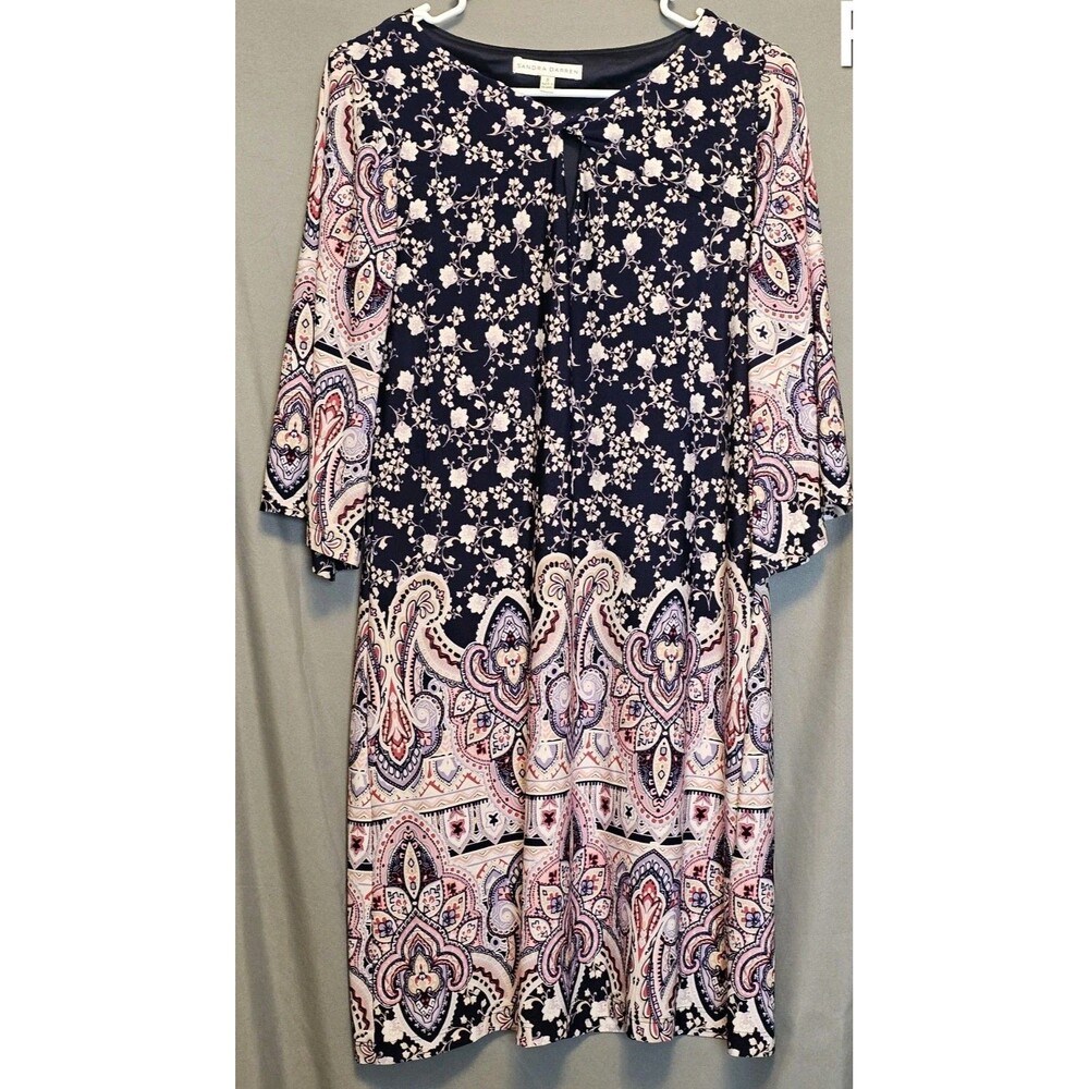 Sandra Darren Womens Dress Size Small Navy Paisley Floral 3/4 Sleeve Knee Length